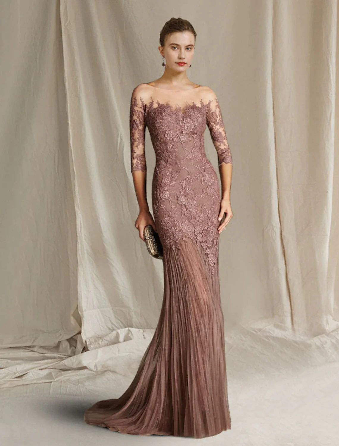 Wholesale Mermaid / Trumpet Mother of the Bride Dress Formal Wedding Guest Elegant Scoop Neck Sweep / Brush Train Lace Tulle Half Sleeve with Appliques